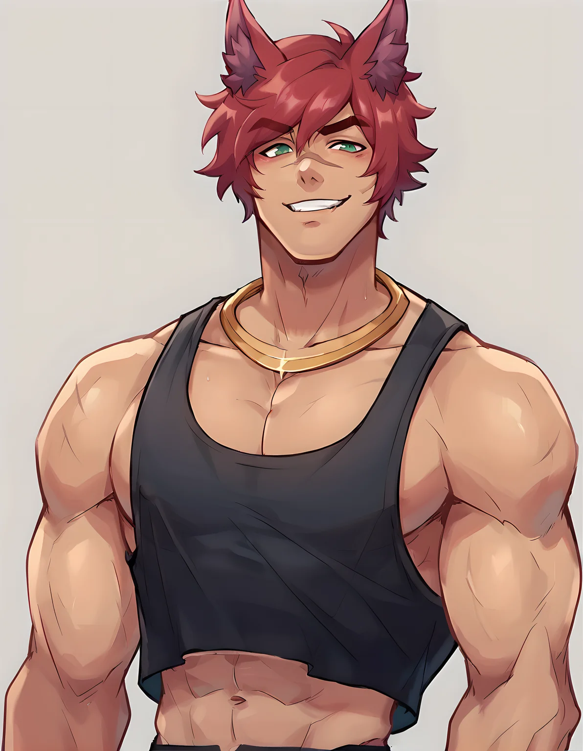 score_9, score_8_up, score_7_up, <lora:Heartsteel_Sett2:0.75>, hs sett, solo, looking at viewer, smile, green eyes, short hair, 1boy, animal ears, jewelry, upper body, male focus, red hair, crop top, animal ear fluff, muscular, abs, thick eyebrows, tank top, pectorals, muscular male, bara, large pectorals, black tank top, scar on nose