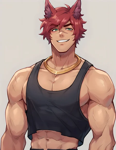 score_9, score_8_up, score_7_up, <lora:Heartsteel_Sett2:0.75>, hs sett, solo, looking at viewer, smile, green eyes, short hair, 1boy, animal ears, jewelry, upper body, male focus, red hair, crop top, animal ear fluff, muscular, abs, thick eyebrows, tank top, pectorals, muscular male, bara, large pectorals, black tank top, scar on nose