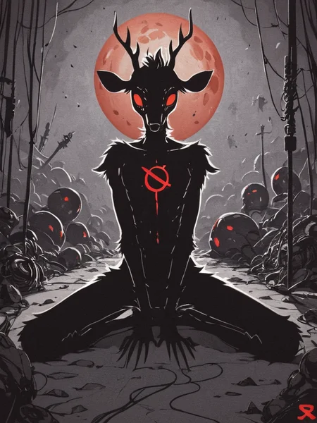 <lora:Psychedemon-000009:1>,
<lora:Xenotrip_v.2:0.7>,
<lora:Concept Art DarkSide Style LoRA_SeaArt Furry XL 1.0:0.7>,
score_9_up, score_8_up, score_7_up, score_6_up, furry_source, xenotr1p, concept art, dark theme, low light, backlight, (dramatic light), in front, close up,
dark shadow like (terrible creature) above (dark silhouette anthro deer male) with (headphones on ears listening) to (postpunk) music from (smartphone), jam session in woods, (posing, sitting on ground), body is (shrouded in wires), wires, skinny, red eyes, animal legs, detailed fur, red moon,
moody, grim, emotional, (otherwordly),
<lora:add-detail-xl:0.7>,
<lora:RMSDXL_Enhance:2>,
<lora:great_lighting:3>,