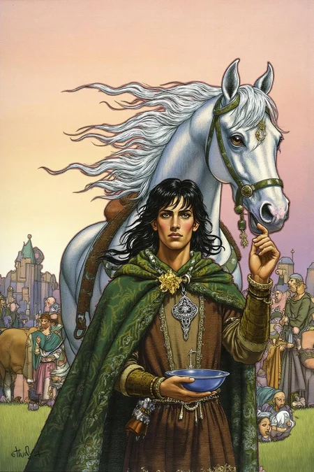 jole1 illustration.
A young man leading a horse. The young man has has long, dark hair and a serious expression, wearing a green cloak with intricate patterns and a brown tunic adorned with a silver pendant. He hold a small, blue bowl in his left hand.  <lora:jole1_cap_d6a3e12:1.0><lora:825873665288817499:0>