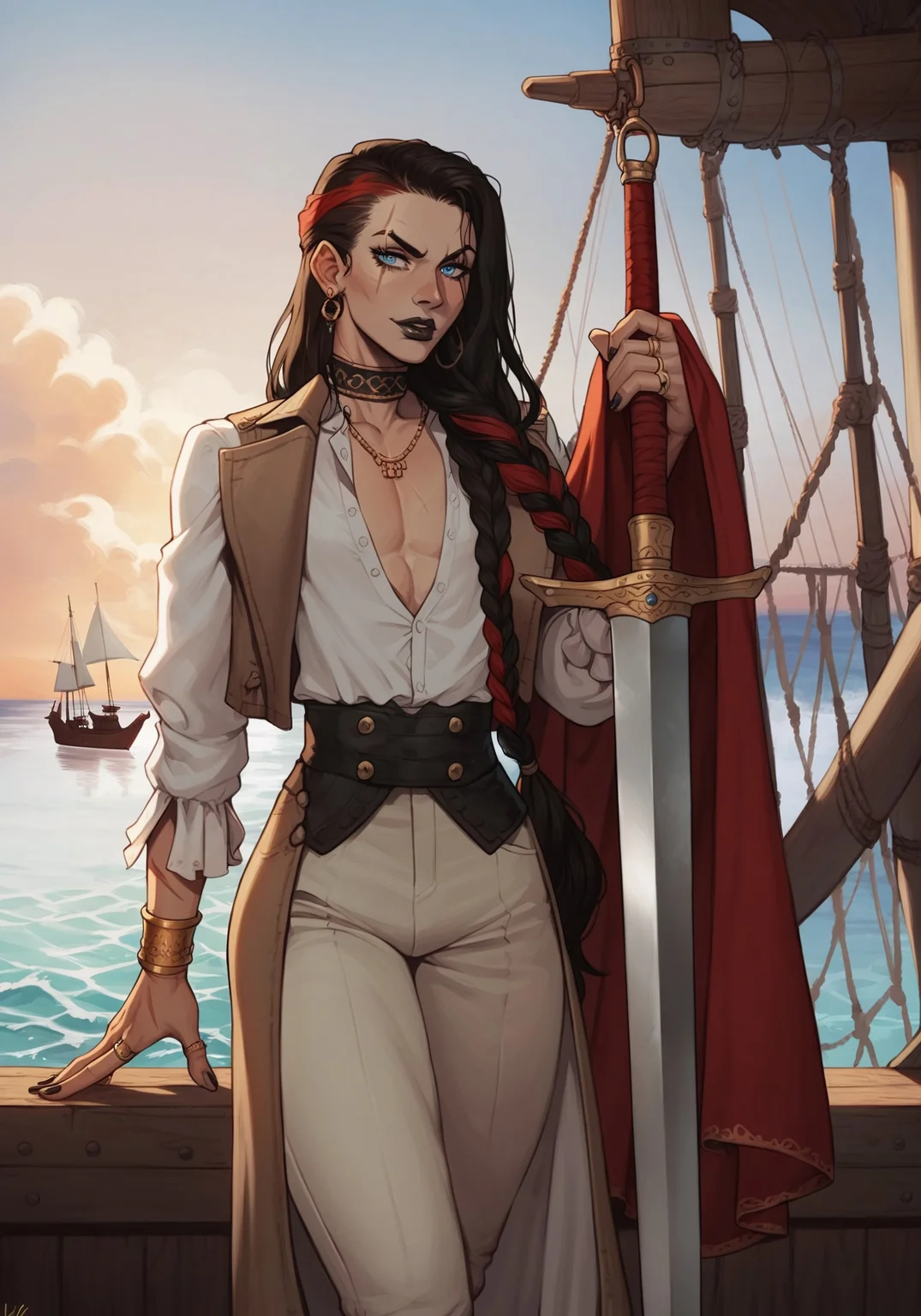 score_9, score_8_up, score_8. score_9, score_8_up, score_7_up, masterpiece, 4k, ExpressiveH, SimpleNegativeV3, OverallDetail, anime,
dynamic lighting, cinematic lightning, outdoors, pirate ship, wooden ship, thick mast, sails, ocean, alone, solo, sword, cutlass, pirate sword, holding sword,
BREAK,
1boy Gilly, pirate, mature, 6 foot tall, femboy, standing, pale skin, scars, long black hair, straight black hair, very long hair, braided hair, loose hair, red highlights, red highlights, blue eyes, perfect eyes, thin lips, black lips, effortlessly cool, sassy, pointy black nails, petite, athletic, flat chest, big ass, thick thighs,
BREAK,
Choker, gold rings, pirate rings, gold necklace, gold bracelets, gold jewelry, red long coat, white opened shirt, white unbuttoned shirt, dark brown pants, holding sword,