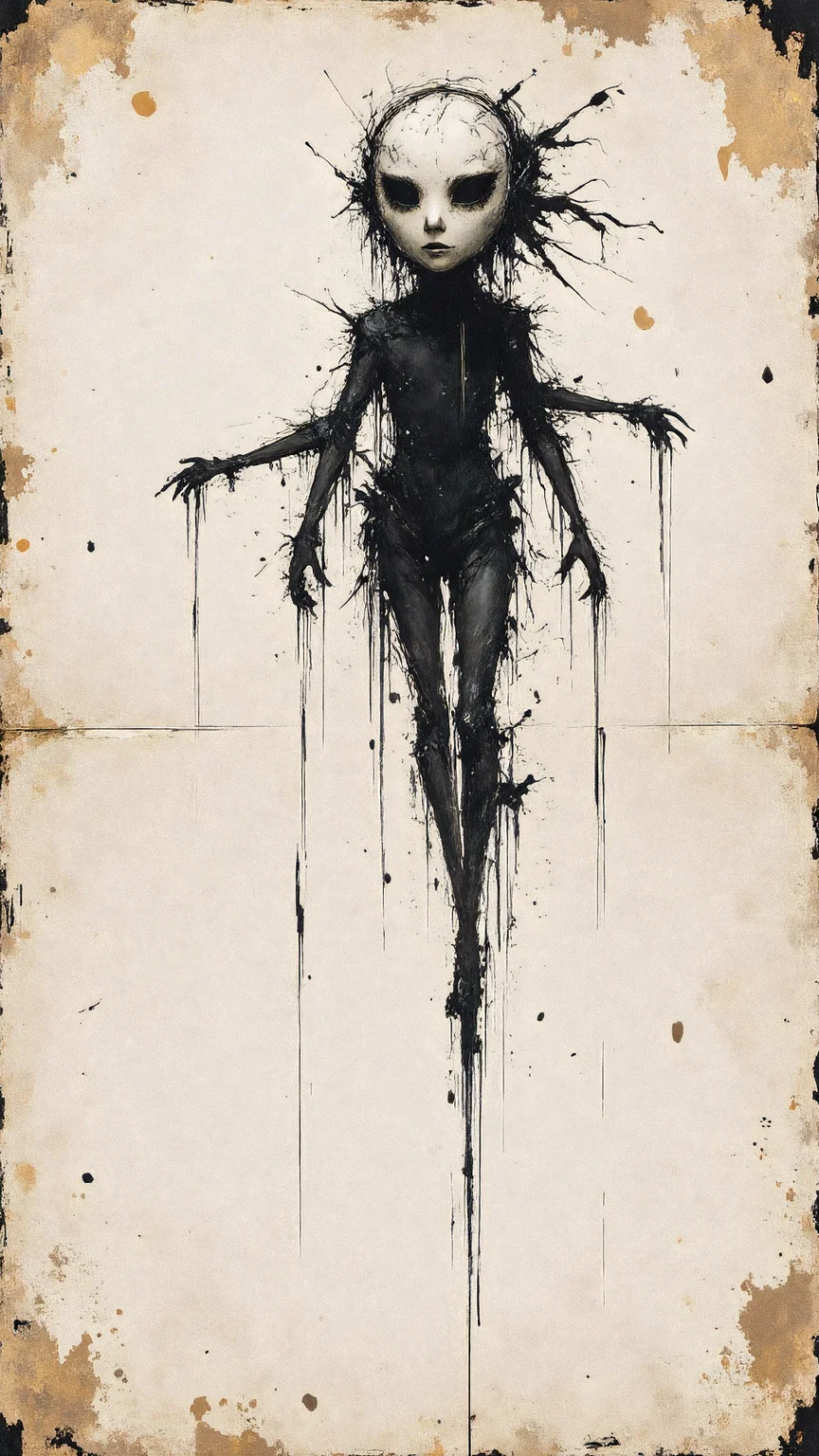 Weathered Sketchbook Puppeteer, Delicate cross-hatching forming a slender silhouette, Faded outlines of puppet strings, Slight coffee-stained blotches around corners, Fine pencil shading on cracked mask, Worn edges accenting an old-time aura, Whisper of silent dread