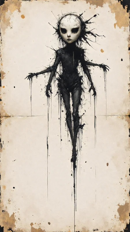 Weathered Sketchbook Puppeteer, Delicate cross-hatching forming a slender silhouette, Faded outlines of puppet strings, Slight coffee-stained blotches around corners, Fine pencil shading on cracked mask, Worn edges accenting an old-time aura, Whisper of silent dread