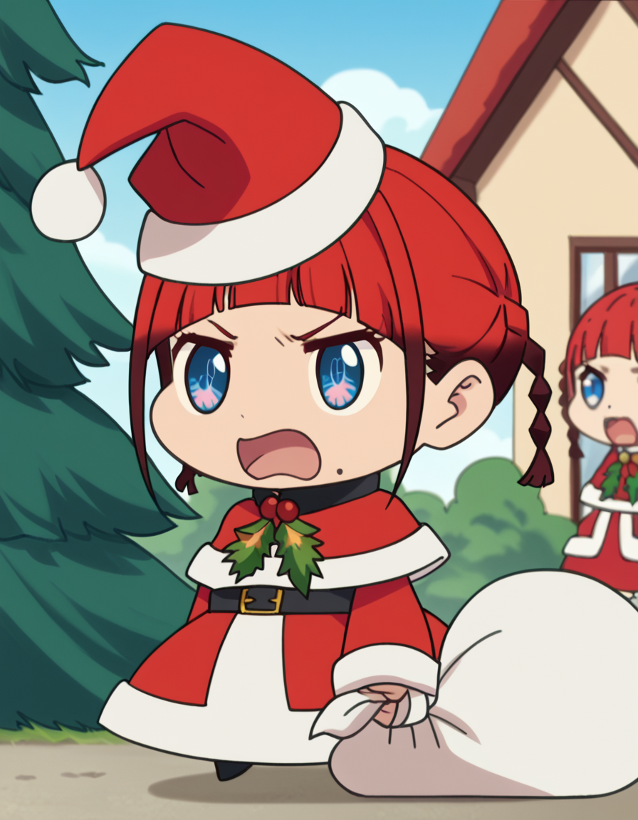 score_9, score_8_up, score_7_up, source_anime, <lora:chise-asukagawa-s1-ponyxl-lora-nochekaiser:1>, chise asukagawa, short hair, blue eyes, braid, red hair, multicolored hair, mole, twin braids, gradient hair, mole under mouth, anime screencap,, <lora:padoru-ponyxl-lora-nochekaiser:1>, padoru, padoru (meme), holding sack, sack, santa hat, meme, christmas, open mouth, chibi, red capelet, santa dress, capelet, fur-trimmed headwear,, , dutch angle, cowboy shot