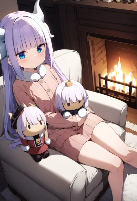 masterpiece, (Best quality:1.2), highres, (scenary:1.2), Dynamic light,, wooden,, living room,, Kanna_Kamui,, long hair, bangs, blue eyes, light purple hair, hair beads, dragon horn, horns,, holding a nutcracker, doll on the lap, fireplace flickering,, white ottoman sofa, sitting, lying on the sofa,, fluffy pillows, white carpet, flowers, lights,,