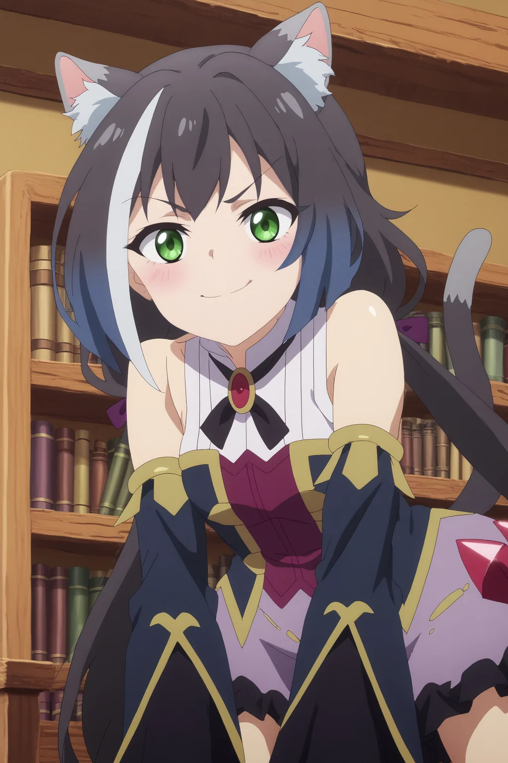 karyl,1girl,solo,animal_ears, multicolored_hair, streaked_hair, cat_ears, animal_ear_fluff, cat_girl, white_shirt, long_hair, detached sleeves ,looking at viewer,tail,cat tail,all_fours, from_below, smirk,:3,cowboy_shot, on floor BREAK indoors,library,bookshelf <lora:Karyl_-_Princess_Connect_ReDive.safetensors:0.9> <lora:detailed_backgrounds_v2.safetensors:0.6>,