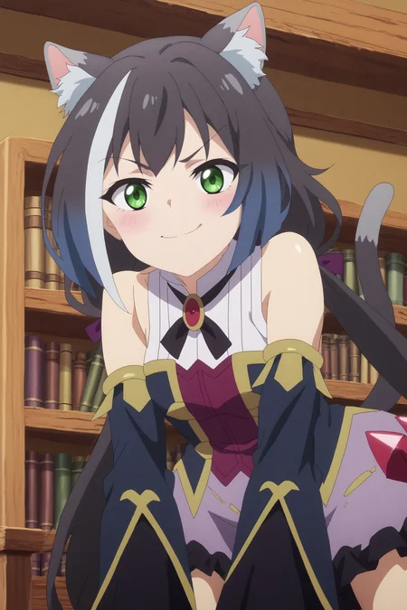 karyl,1girl,solo,animal_ears, multicolored_hair, streaked_hair, cat_ears, animal_ear_fluff, cat_girl, white_shirt, long_hair, detached sleeves ,looking at viewer,tail,cat tail,all_fours, from_below, smirk,:3,cowboy_shot, on floor BREAK indoors,library,bookshelf <lora:Karyl_-_Princess_Connect_ReDive.safetensors:0.9> <lora:detailed_backgrounds_v2.safetensors:0.6>,