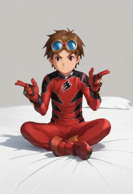 score_9, score_8_up, score_7_up, zPDXL2,
1boy, solo, goggles on head, brown hair,
,sitting on bed,
geki red, red bodysuit, black markings, red gloves, red boots,