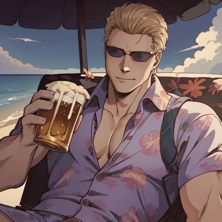 (Albert Wesker:1.4), upper body, highly detailed, highres, extremely detailed, detailed background, perfect eyes, perfect face, high quality, detailed face, anime, best quality, (masterpiece:1.2), 4k, (ultra detailed 8k art:1.1), absurd resolution, cinematic lights, intricate detail, detailed hands, detailed eyes, animation, illustration, back combed hair, (blonde hair:1.4), combed back, hair back, short hair, comb back hair, (1man), back comb haircut, mature male, looking at viewer, shades, sunglasses, 1boy, high definition, sharp focus, <lora:neg4all_bdsqlsz_V3.5:1>, OverallDetail, deep shadow, dimly lit, shade, animification, <lora:dreamlookai_lora_db_bb89d853_ckp_9966b693_step_3000_Wesker:0.7> wesker, <lora:Hiroyuki Kitazume:0.4>, edgQuality, Illust-InstaFilter, <lora:beard_slider_v10:-3>, <lora:gender_slider_v1:-4>, Best_QualityPos, Earth-QualityPos, BodyPositive, prettify, hotify, slick back hair, <lora:AlbertWeskerRE:0.5> AlbertWeskerRE, <lora:neg_bdsqlsz_V2:1>, pureerosface_v1, <lora:hyperdenoiser_v090:0.6>, <lora:hyperrefiner_v090:0.6><lora:REAlbertWesker:1> REAlbertWesker, best hands, (drinking 1 beer), (1 beer mug), (Hawaiian shirt:1.5), smile, fresh, outdoors, beach, (shirt fully unbuttoned), pecs, abs, (shirt wide open), sitting, open legs, (yellow Beach Umbrella), Adirondack Chair, (crowded beach with people in swimsuits:1.6), crowd, summer, (floral print hawaiian shirt:1.6), bermudas,