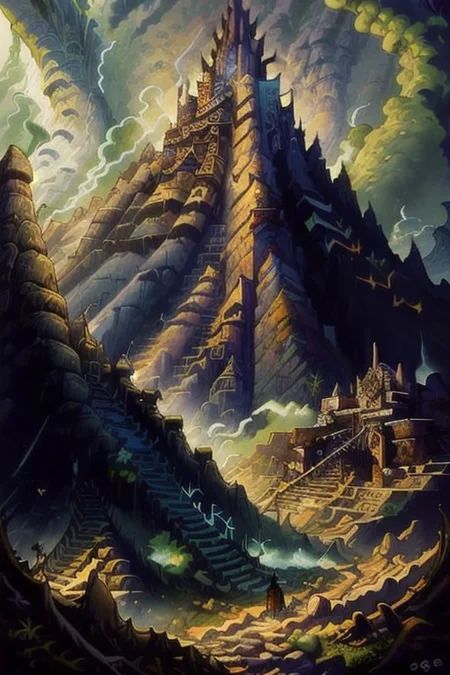 ((Masterpiece)), realistic digital painting of the aztec pyramids, throne room, greedy official art, trending on artstation, perfect composition, rule of thirds, green ratio, cinematic lighting, crepuscular rays, dark style Aztec castle with spanish soldiers walking in, Aztec, jungle<lora:fantasyv1.1:1>,