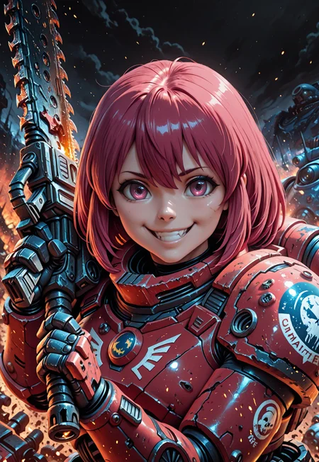 Masterpiece, absurdres, best quality, newest, solo, highly detailed, minori kushieda 1girl, closeup, space marine armor, holding, chainsword, smiling, battlefield setting, embers, black sky, nebulae in the sky, chaos, grimdark, NightL40K, detailed background,