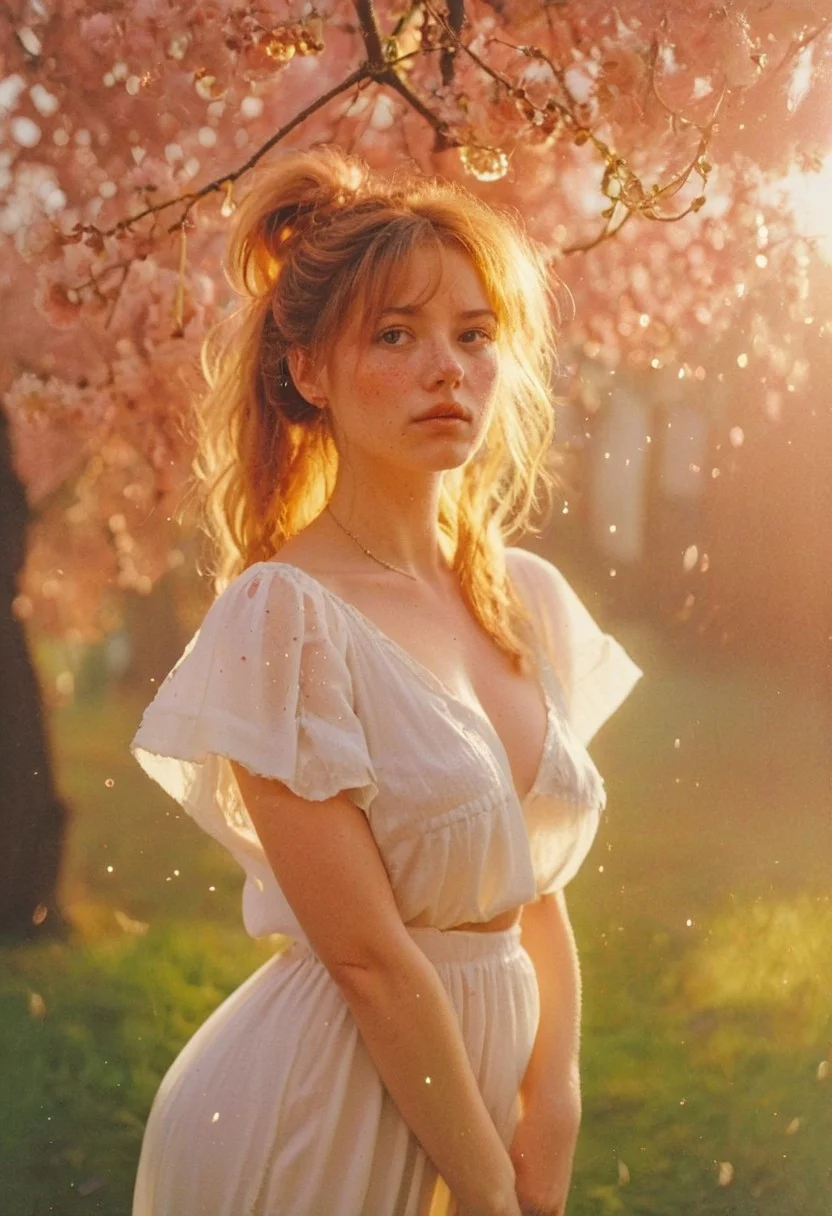 highly detailed and hyper realistic photo, by nan goldin, Sophie Harris Taylor , a infrared photography of a Rear view, side view, soaked_tea_brand, amidst beautiful cherry trees with ripe cherries, standing on tip toes, Stretching to get a Cherry, a freckled natural busty blonde/Red haired freckled Woman with messy ponytail amidst the red ripe cherries in high Grass, infront of the atmospheric sunrise, see through long white boho inspired blouse with cherry stains, sexy body silhouette, , limited dark palette, vibrant colors, faded, atmospheric haze, highly dramatic cinematic lighting, motion blur, film grain, professional, excellent composition, finest details, maximized details, ultimate detail level, masterpiece, best quality, ISO 300, 1/250s, F/2,8, 38 mm, extremely high quality RAW photograph, 4k, sharp focus, high resolution, 8k UHD, DSLR, high quality, film grain, Fujifilm XT3