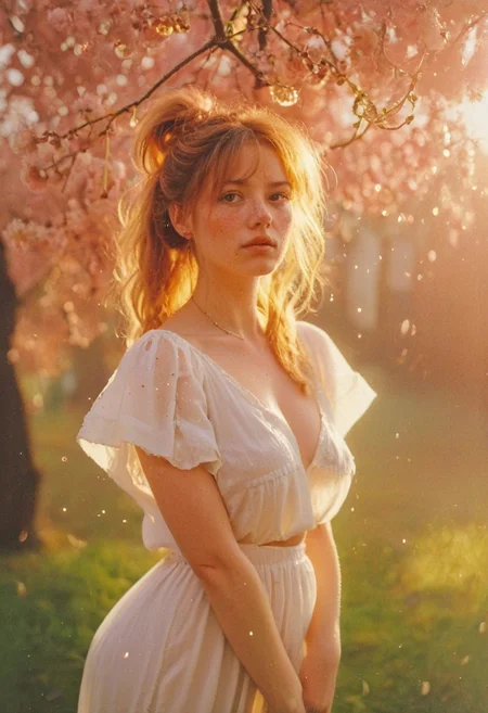 highly detailed and hyper realistic photo, by nan goldin, Sophie Harris Taylor , a infrared photography of a Rear view, side view, soaked_tea_brand, amidst beautiful cherry trees with ripe cherries, standing on tip toes, Stretching to get a Cherry, a freckled natural busty blonde/Red haired freckled Woman with messy ponytail amidst the red ripe cherries in high Grass, infront of the atmospheric sunrise, see through long white boho inspired blouse with cherry stains, sexy body silhouette, , limited dark palette, vibrant colors, faded, atmospheric haze, highly dramatic cinematic lighting, motion blur, film grain,  professional, excellent composition, finest details, maximized details, ultimate detail level, masterpiece, best quality, ISO 300, 1/250s, F/2,8, 38 mm, extremely high quality RAW photograph, 4k, sharp focus, high resolution, 8k UHD, DSLR, high quality, film grain, Fujifilm XT3