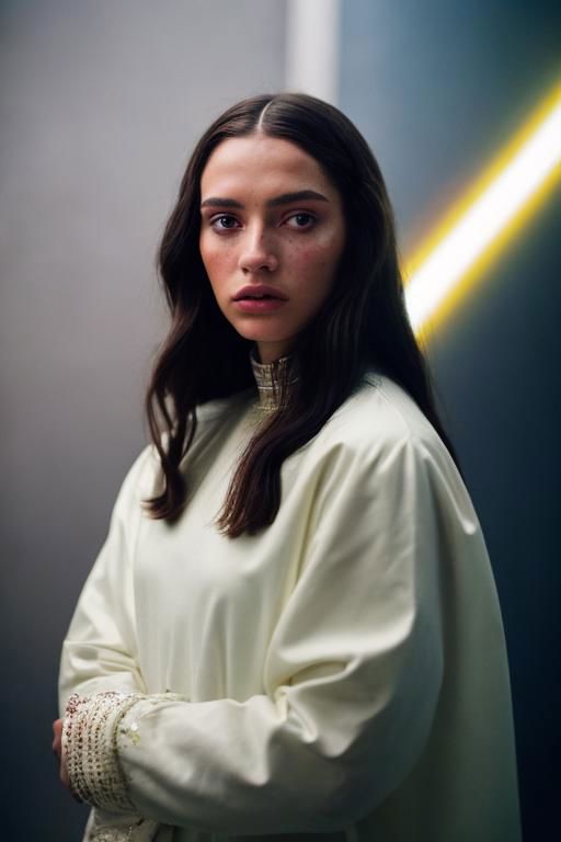Film still, cinematic, fashion editorial portrait of a stormtroop from Star Wars, mona lisa painting, white pastel clothes, dark lights, motion blur, slow shutter speed, bokeh, shot on film, sharp focus, shot on canon, vibrant tones, colorful, low key, (detailed skin texture, detailed eyes)