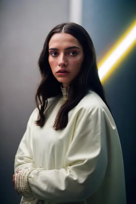 Film still, cinematic, fashion editorial portrait of a stormtroop from Star Wars, mona lisa painting, white pastel clothes, dark lights, motion blur, slow shutter speed, bokeh, shot on film, sharp focus, shot on canon, vibrant tones, colorful, low key, (detailed skin texture, detailed eyes)