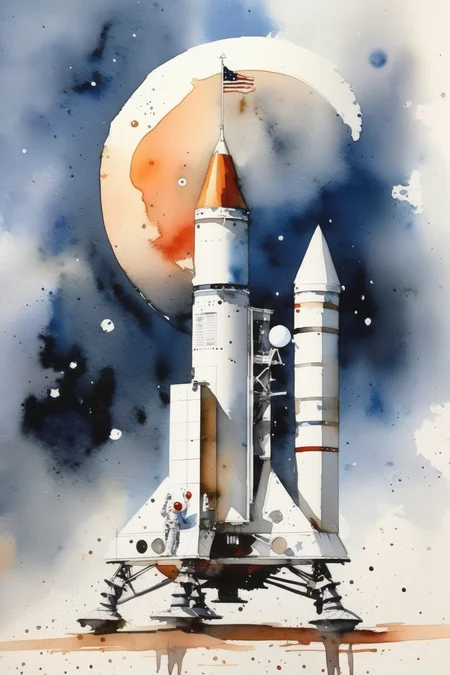 <lora:Thomas Schaller Style:1>Thomas Schaller Style - 12. Watercolor art of a moon landing watercolor themed artwork