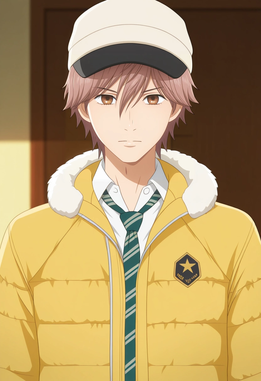 masterpiece, best quality, , (3d:0.4), looking at viewer, 1boy, solo, male focus, <lora:taichi_mashima_ilxl:0.92>, taichi_mashima, brown hair, brown eyes, short hair, bangs, hair between eyes, white shirt, collared shirt, striped necktie, , parka, hat