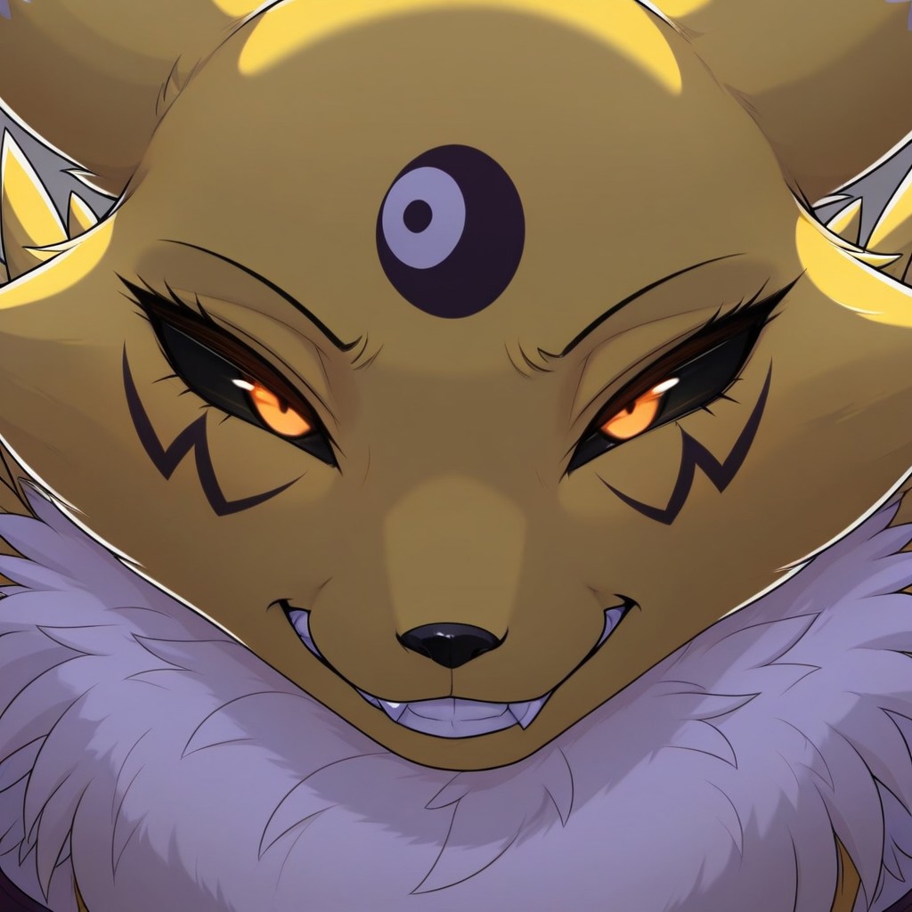 masterpiece, detailed background, best quality, absurd res, high detail, aesthetic, detailed eyes, furry, anthro male, Kurorena, renamon, tail, yellow fur, yin yang, fur collar, black sclera, facial mark, face focus,  grin, naughty face,