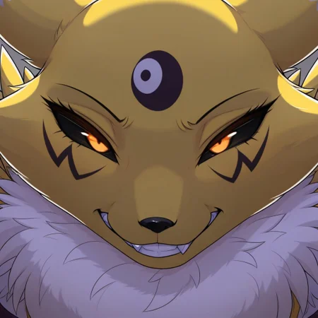 masterpiece, detailed background, best quality, absurd res, high detail, aesthetic, detailed eyes, furry, anthro male, Kurorena, renamon, tail, yellow fur, yin yang, fur collar, black sclera, facial mark, face focus, grin, naughty face,