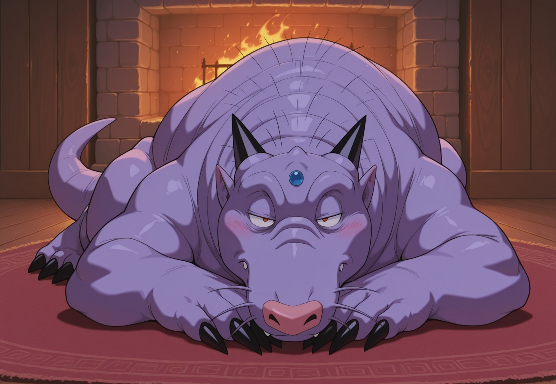 masterpiece, best quality, amazing quality, very aesthetic, absurdres, newest, Solo, 2d, 4 toes, male, Moleshenron, monster, whiskers, pink nose, purple skin, black horns, red pupils, black claws, toe claws, tail, pointy ears, blue forehead jewel, fat

BREAK inside, indoors, looking at viewer, seductive, seductive glance, resting head in hands, lying on side, half closed eyes, on rug, wooden walls, fireplace in background, aesthetic lighting