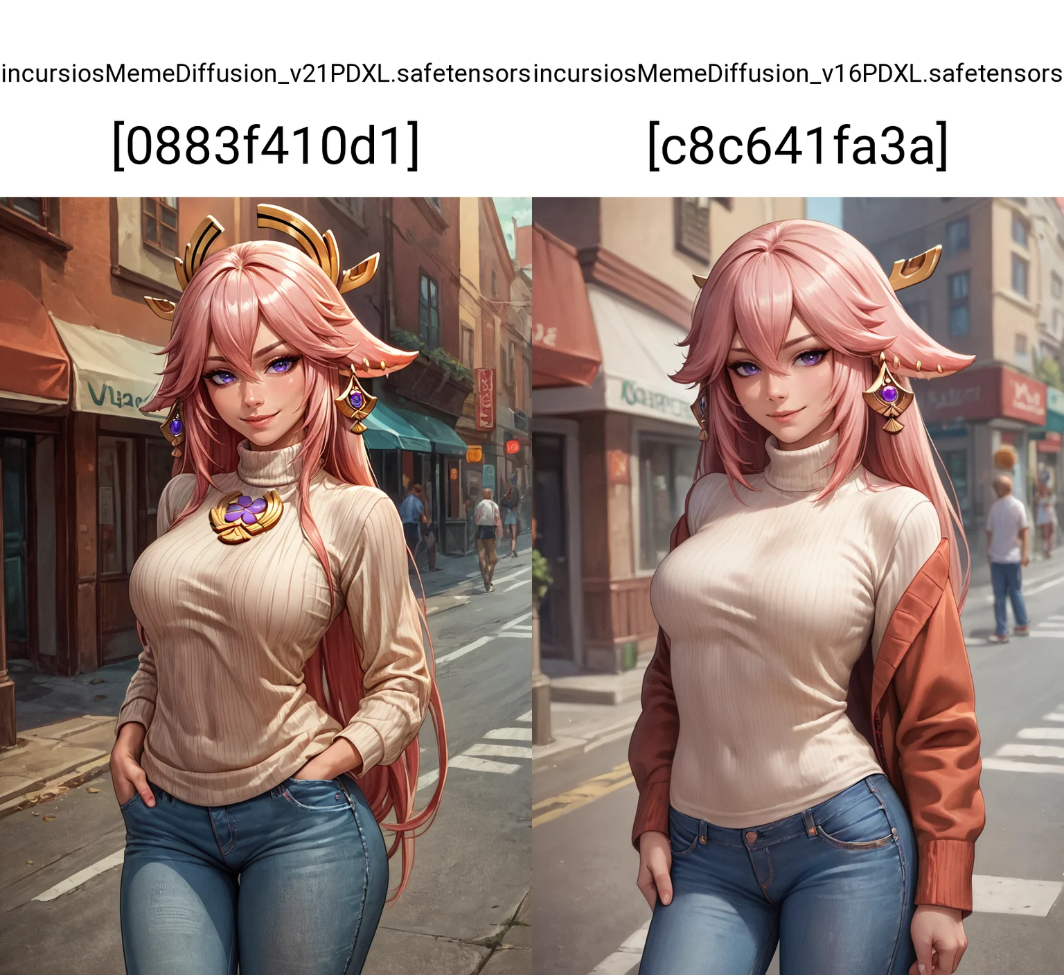 score_9, score_8_up, score_7_up, detailed, realistic, yae miko, street, jeans, turtleneck sweater, hands in pockets, seductive smile, cowboy shot,