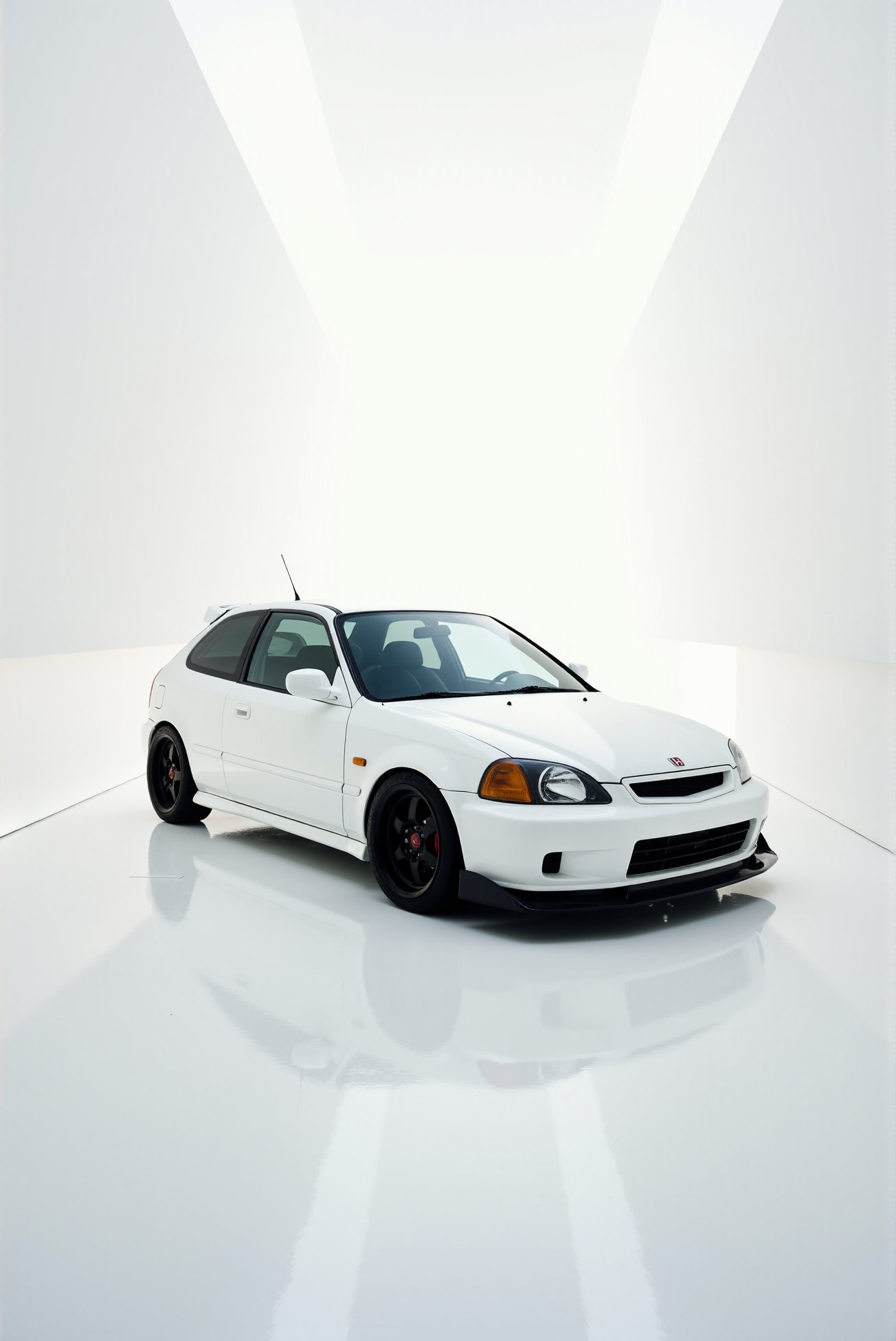 <lora:Honda_Civic_Type-R_EK9:1.0> Honda Civic Type-R EK9. 
Enclosed in a monolithic white cube installation where all spatial boundaries dissolve into overexposure, the (Honda Civic Type-R EK9 from '90) emerges as a solitary focal point, its contours defined solely by precise edge lighting and clean ambient shadows. The image is captured at a perfectly aligned front-on view, using a tilt-shift lens that sharpens every plane while isolating the background into seamless abstraction. The lighting is ethereal and evenly diffused, revealing flawless paint finish and textural subtleties on the wheels and air intakes. The overall effect is that of an avant-garde design museum: sterile, sacred, and reverent, with an art-photography sensibility elevated by visual silence and formal perfection.  (A mirror-like, ultra-gloss finish of the car produces vivid, sparkling glints of light across its surface:1.1).