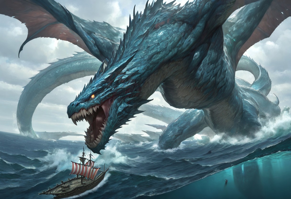 masterpiece, best quality, newest, absurdres, highres, AQDRV1.0, dragon, ocean, wings, teeth, sharp teeth, monster, giant, sea, ship, battle,