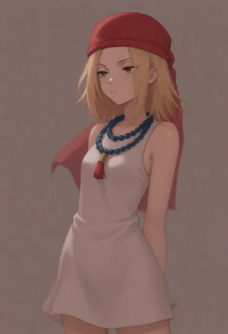 masterpiece, best quality, amazing quality,,, shiny skin,,,,,kojiann, short hair, blonde hair, brown eyes, short dress, sleeveless, bead necklace, red bandana, bracelet, <lora:Anna IXL 2-000013:1>
