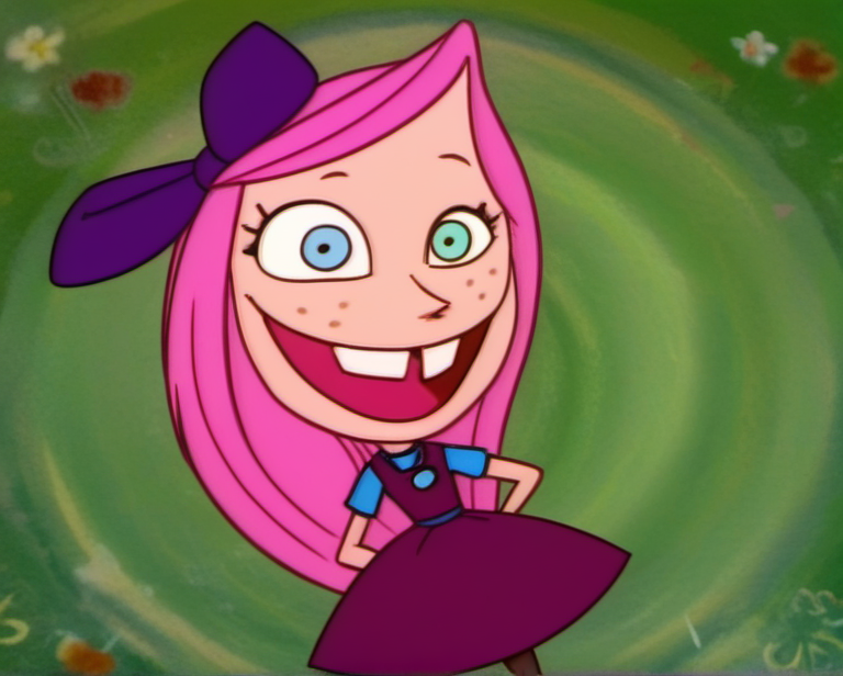 1girl, solo, raisin1, pink hair, dress, smile, heterochromia, long hair, open mouth, freckles, pantyhose, teeth, <lora:Raisin:1>,