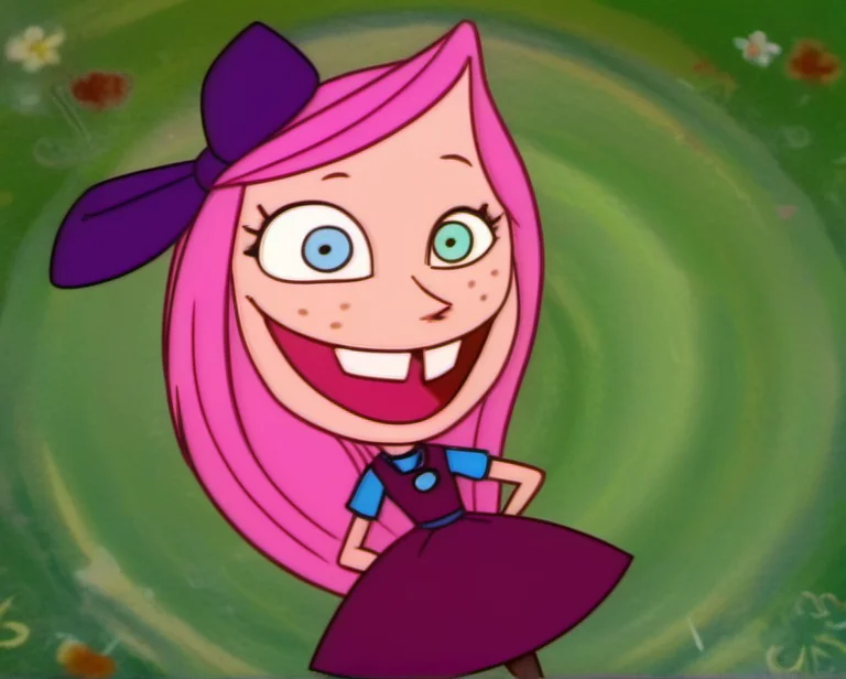 1girl, solo, raisin1, pink hair, dress, smile, heterochromia, long hair, open mouth, freckles, pantyhose, teeth, <lora:Raisin:1>,