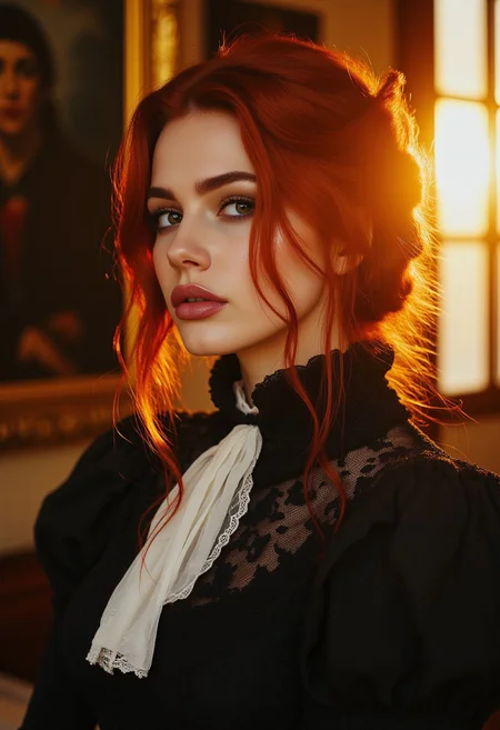Analog photography, editorial-style side portrait, dramatic gothic aesthetic, high-contrast, 8k resolution, cinematic quality
subject: pale-skinned, red-haired, seductive model, with arched eyebrows and heavy black eyeliner, pink plump glossy lips. She was wearing an black high collar, lace dress with white lace jabot, standing next to a vintage painting.
background: a room bathed in warm sunset light with vintage painting, where golden rays stream through ornate windows, casting soft shadows.
The lighting is soft and diffused, with a warm golden hue, placed at a 45-degree angle to accentuate her facial features, and a subtle, cool fill light to soften the shadows, creating a nostalgic and romantic atmosphere. aidmaMJ6.1