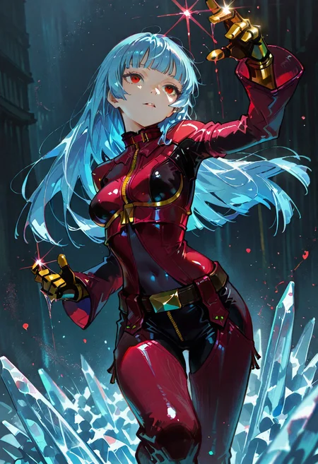 masterpiece, best quality, very aesthetic BREAK dino \(dinoartforame\), horror \(theme\), gritty, faux traditional media, painting \(medium\) BREAK 1girl, solo, kula diamond, 1girl, solo, long hair, blue hair, gloves, breasts, zipper, red eyes, bangs, chaps, red lavender bodysuit, gloves, gold gloves, mechanical gloves,belt, covered navel, dynamic pose, ice, ice effects
<lora:noob05-dinoartforame-jan30v2-step00002464:1>
