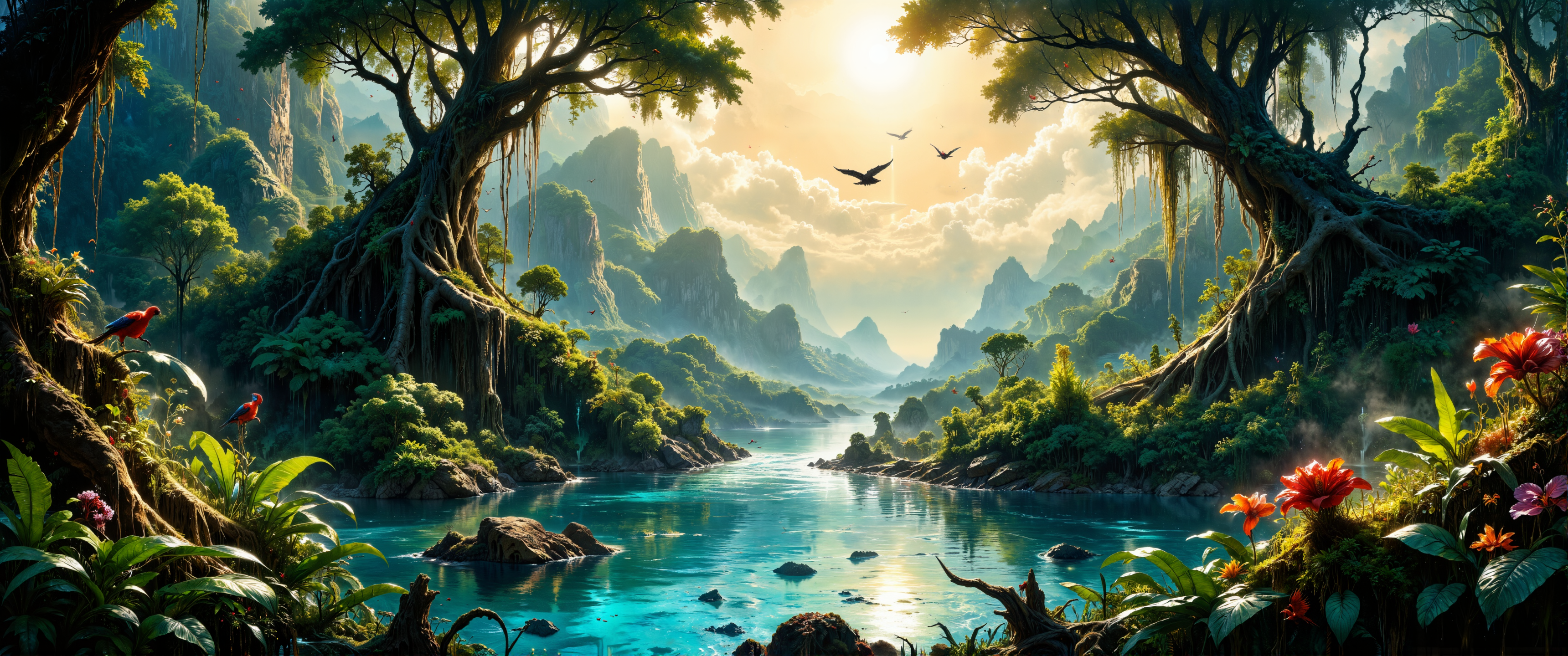 Watercolor painting of lush Honduran rainforest at dawn, mystical morning mist hovering between ancient ceiba trees draped with orchids and bromeliads. Emerald canopy filtering golden sunlight onto crystal-clear turquoise river winding through dense vegetation. Scarlet macaws in flight against backdrop of distant mist-shrouded mountains. Rich biodiversity showcased with toucans, howler monkeys, and indigenous flora in foreground. Subtle Mayan architectural elements partially reclaimed by jungle visible along riverbank. Atmospheric perspective creating depth with layered mountains in background. Vibrant palette of emerald greens, azure blues, and tropical flower accents. Photorealistic detailing of water reflections and dappled light. 8K quality, hyper-detailed botanical elements, perfect dramatic composition capturing the primeval essence of Central American wilderness. <lora:flux_vividizer:0.3> <lora:style_of_Norman_Ackroyd_FLUX_100:0.7> <lora:artilands:0.7> <lora:MysticFantasy:0.5> <lora:ç»ªå¿ CGé£æ»¤éFLUX:0.5> <lora:flux_dev:1>