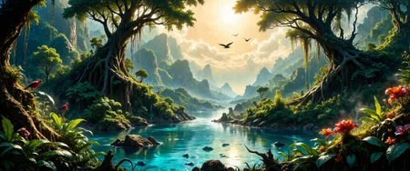 Watercolor painting of lush Honduran rainforest at dawn, mystical morning mist hovering between ancient ceiba trees draped with orchids and bromeliads. Emerald canopy filtering golden sunlight onto crystal-clear turquoise river winding through dense vegetation. Scarlet macaws in flight against backdrop of distant mist-shrouded mountains. Rich biodiversity showcased with toucans, howler monkeys, and indigenous flora in foreground. Subtle Mayan architectural elements partially reclaimed by jungle visible along riverbank. Atmospheric perspective creating depth with layered mountains in background. Vibrant palette of emerald greens, azure blues, and tropical flower accents. Photorealistic detailing of water reflections and dappled light. 8K quality, hyper-detailed botanical elements, perfect dramatic composition capturing the primeval essence of Central American wilderness. <lora:flux_vividizer:0.3> <lora:style_of_Norman_Ackroyd_FLUX_100:0.7> <lora:artilands:0.7> <lora:MysticFantasy:0.5> <lora:ç»ªå¿ CGé£æ»¤éFLUX:0.5> <lora:flux_dev:1>