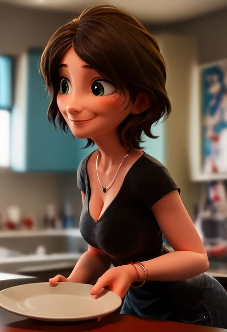 intricate details, score_9, score_8_up, score_7_up, score_6_up, score_5_up, source_anime, <lora:AuntCassBH6Pony1.0:1> auntcass, 1girl, brown hair, short hair, solo, black shirt, blurry background, bent over, taking dishes out of dishwasher, big breasts, side view, turned tward viewer, <lora:OtherStyle_03:0.5>, <lora:The_last_of_us_Style:0.3> <lora:pony_good_hands:1> good_hands, better_hands, 3D, cleavage, green eyes, bracelet, holding plate, smile, necklace, deep cleavage, small mouth