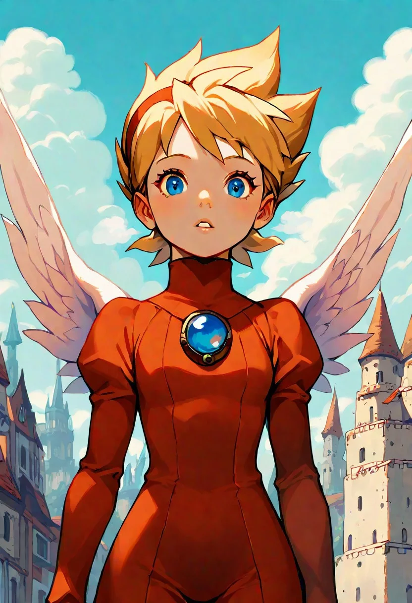 masterpiece, best quality, newest, absurdres, highres, safe,nina,breath of fire,1girl,blonde hair,blue eyes,blue sky,building,castle,wings,cloudy,cowboy shot,day,looking at viewer,outdoors,parted lips,short hair,sky,solo,standing,