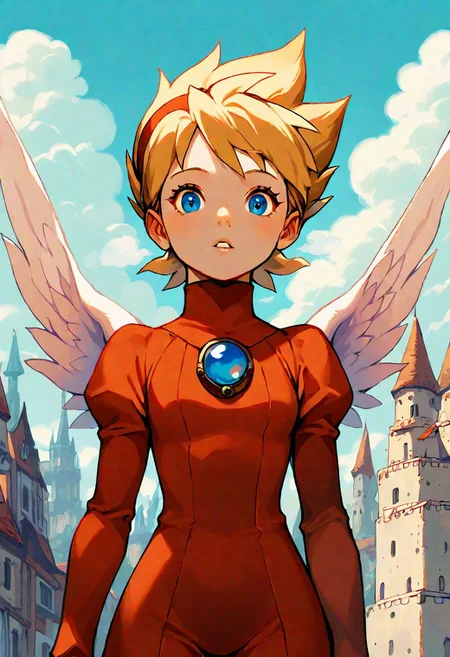 masterpiece, best quality, newest, absurdres, highres, safe,nina,breath of fire,1girl,blonde hair,blue eyes,blue sky,building,castle,wings,cloudy,cowboy shot,day,looking at viewer,outdoors,parted lips,short hair,sky,solo,standing,