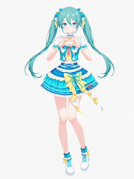 <lora:NoobV065sHyperDmd:1> <lora:HoppingFrill-000019:1> hoppingfrills, aqua twintails, full body, white background, looking at viewer, heart_hands