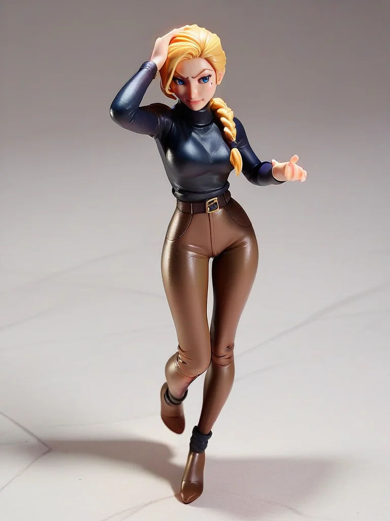 score_9, score_8_up, score_7_up, 1girl, on hand on head, sexy pose, full body, (dynamic pose:1.1), dynamic angle, simple background, front,
<lora:HelgaSinclair_character:1>,HelgaXLP, blue eyes, blonde hair, single braid, mole under eye, black turtleneck sweater, belt, brown pants, <lora:Anime_Figure_P1:0.85> figure