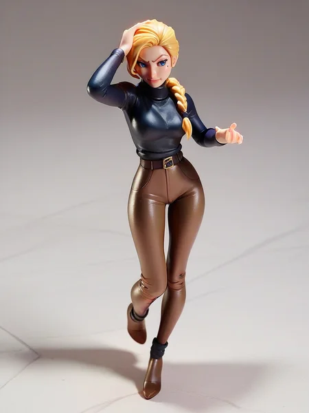 score_9, score_8_up, score_7_up, 1girl, on hand on head, sexy pose, full body, (dynamic pose:1.1), dynamic angle, simple background, front,
<lora:HelgaSinclair_character:1>,HelgaXLP, blue eyes, blonde hair, single braid, mole under eye, black turtleneck sweater, belt, brown pants, <lora:Anime_Figure_P1:0.85> figure