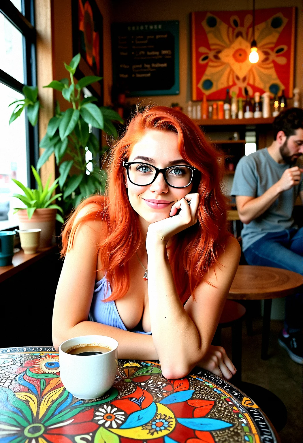 Upper body shot of a stunning 18-year-old woman with ginger hair, bright aqua eyes, light freckles, thick eyebrows, and glasses that give her a nerdy look.
A quaint café with a bohemian vibe, featuring eclectic art on the walls, mismatched furniture, and potted plants. The background shows a barista making coffee, and a chalkboard menu with handwritten specials.Colorful bohemian tapestries hung on the walls, featuring intricate patterns and textures.A custom table with a mosaic art surface, featuring intricate patterns and bright colors.
Sitting with one leg tucked under the other, Close-up of her resting her chin gently on a coffee cup, looking thoughtful with a slight smile.