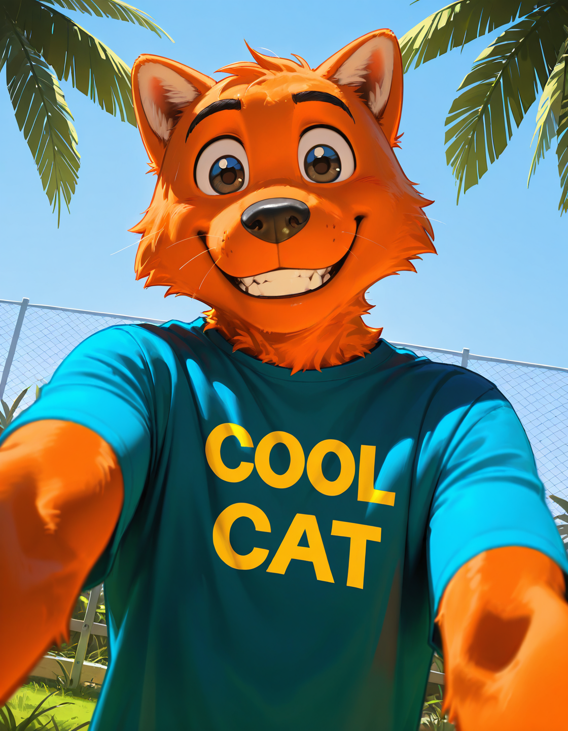 masterpiece, best quality, 
c00lc4t, furry male, anthro cat, orange fur,  yaoi, blue shirt, t-shirt with "cool cat", 
close-up, portrait, looking at viewer,  upper body,  smile, teeth, solo, male focus,
backyard background, fence, grass, palm trees, outdoors, 
dutch angle, from below,
<lora:cool_cat-IL:1.0>