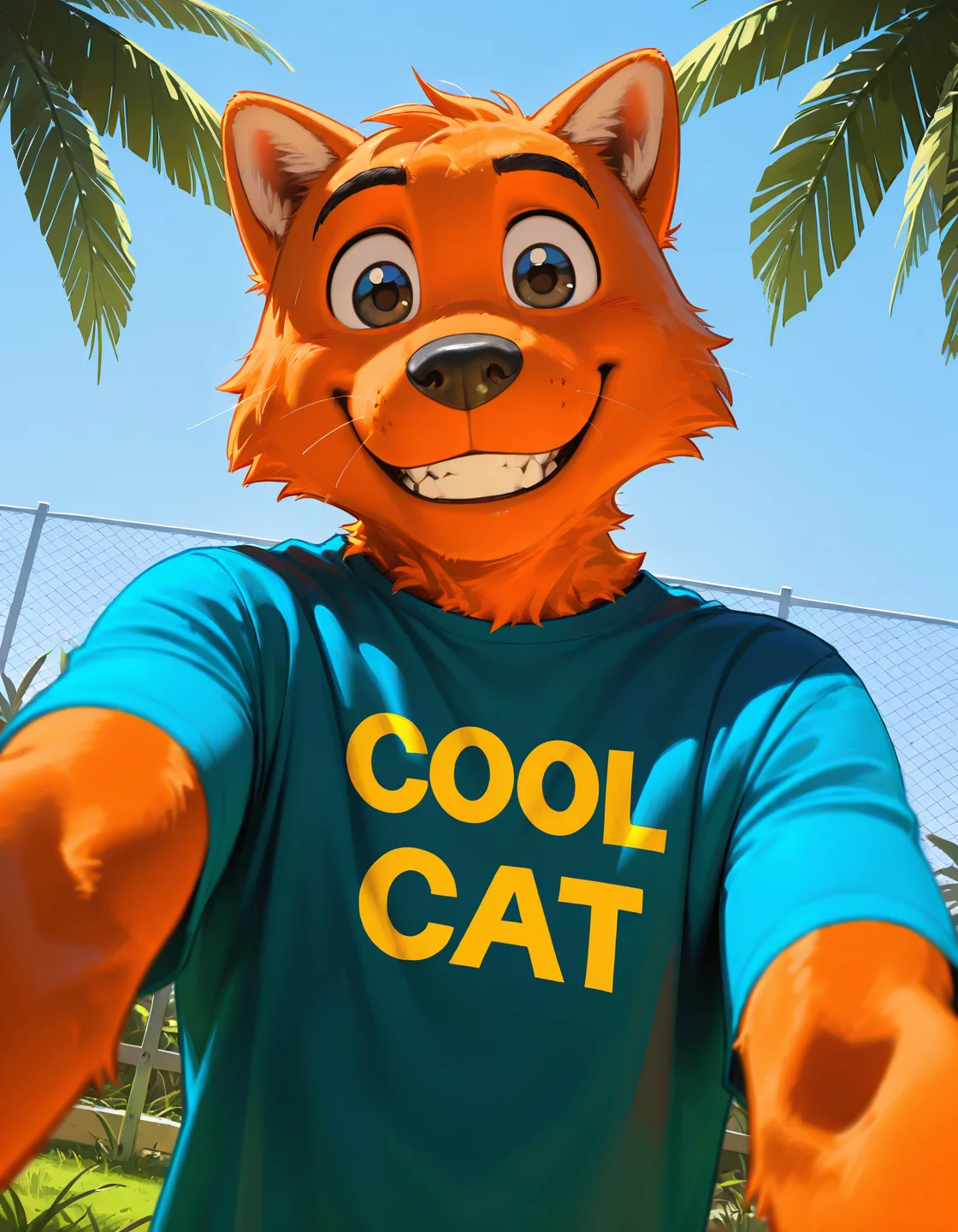 masterpiece, best quality, 
c00lc4t, furry male, anthro cat, orange fur,  yaoi, blue shirt, t-shirt with "cool cat", 
close-up, portrait, looking at viewer,  upper body,  smile, teeth, solo, male focus,
backyard background, fence, grass, palm trees, outdoors, 
dutch angle, from below,
<lora:cool_cat-IL:1.0>