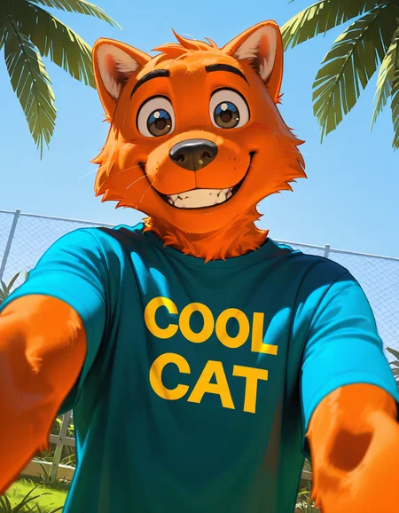 masterpiece, best quality, 
c00lc4t, furry male, anthro cat, orange fur,  yaoi, blue shirt, t-shirt with "cool cat", 
close-up, portrait, looking at viewer,  upper body,  smile, teeth, solo, male focus,
backyard background, fence, grass, palm trees, outdoors, 
dutch angle, from below,
<lora:cool_cat-IL:1.0>