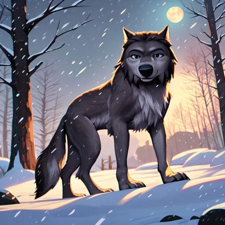 score_7_up, score_6_up, score_5_up, Winston, wolf, feral, outside, full body, looking at viewer, snowing, moon, WinstonAO