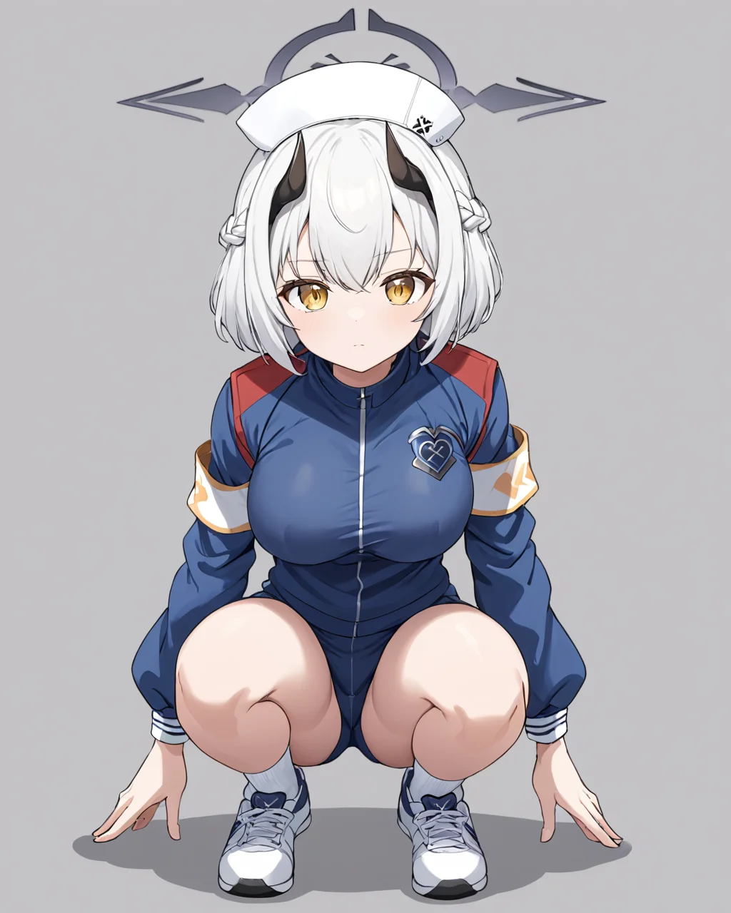 sena \(blue archive\),1girl, solo, halo, double_v, red_buruma, braid, track_jacket, looking_at_viewer, black_horns, nurse_cap, simple_background, grey_background, gym_uniform, white_socks, long_sleeves, closed_mouth, medium_breasts, one_knee, squatting, sneakers, white_shirt, full_body
<lora:sena_(blue_archive)_image207_2023-11-28:1>halo. gorgeous,key visual, vibrant, studio anime,award-winning, professional, highly detailed,high budget, cinemascope