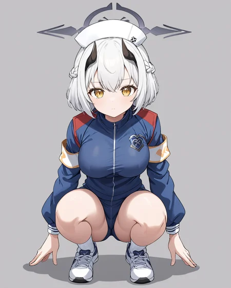 sena \(blue archive\),1girl, solo, halo, double_v, red_buruma, braid, track_jacket, looking_at_viewer, black_horns, nurse_cap, simple_background, grey_background, gym_uniform, white_socks, long_sleeves, closed_mouth, medium_breasts, one_knee, squatting, sneakers, white_shirt, full_body
<lora:sena_(blue_archive)_image207_2023-11-28:1>halo. gorgeous,key visual, vibrant, studio anime,award-winning, professional, highly detailed,high budget, cinemascope