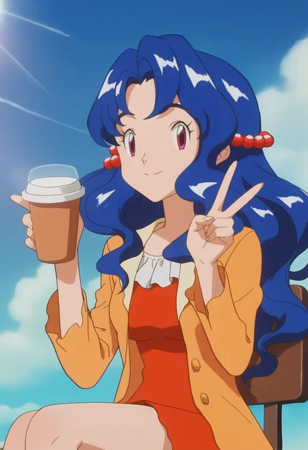 score_9, score_8_up, score_7_up, score_6_up, anime screencap, anime coloring, <lora:PMViolet3:0.9>, PMViolet, 1girl, solo, blue hair, long hair, purple eyes, wavy hair, bangs, hair bobbles, medium breasts,
orange jacket, red dress,
sitting, on chair, holding cup, cup, v sign, hands up, looking at viewer, smile,
BREAK cafe, blue sky, sunlight