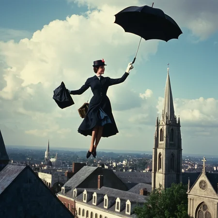 cinematic film still of <lora:1960's style:1>
In the 1960's a mary poppins woman flying over a city while holding an umbrella with a church in the background,1girl,solo,outdoors,sky,cloud,tree,umbrella,cloudy sky,letterboxed,scenery,wide shot ,realistic,realism, detailed, perfection,perfect,filmic,retro,vintage,classic,different haircut,different look,different style,1960's style , 1960 style, shallow depth of field, vignette, highly detailed, high budget, bokeh, cinemascope, moody, epic, gorgeous, film grain, grainy
