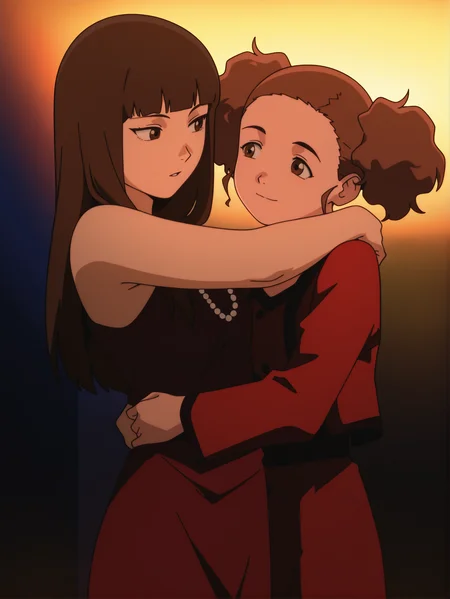 masterpiece, best quality, amazing quality, absurdres, newest, dynamic_angle, defined facial features, anime coloring, anime screencap, white background,
<lora:Reika-Juri_IL1.1_v0:1> 2girls, yamamoto reika \(sel\), kato juri \(sel\), dancing, hug, looking at another, BREAK short hair, kato juri \(sel\), red long sleeve jacket, red dress, white earrings, white necklace, BREAK yamamoto reika \(sel\), moon-shaped earrings, moon-shaped necklace, blue long sleeve jacket, red skirt